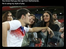 Meme ini bilang kalau De Ligt, usai blunder fatalnya ketika Belanda berimbang 2-2 melawan Jerman, memakai gaya mainnya Maguire. Foto: dok. Internet/X (Twitter)