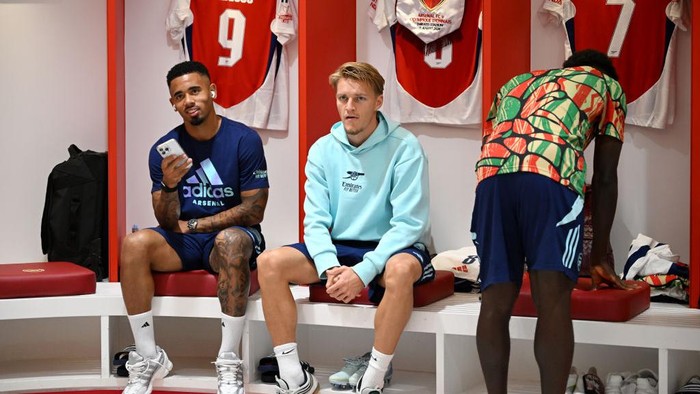 LONDON, ENGLAND - AUGUST 11: Gabriel Jesus and Martin Oedegaard of Arsenal are seen inside the dressing room prior to the Pre-Season Friendly match between Arsenal FC and Olympique Lyonnais at Emirates Stadium on August 11, 2024 in London, England. (Photo by Stuart MacFarlane/Arsenal FC via Getty Images)