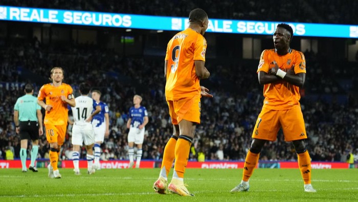 SAN SEBASTIAN, SPAIN - SEPTEMBER 14: Kylian Mbappe (9) of Real Madrid celebrates after scoring his sides first goal during the La Liga football match between Real Sociedad and Real Madrid CF at Reale Arena on September 14, 2024 in San Sebastian, Spain. (Photo by Jose Hernandez/Anadolu via Getty Images)