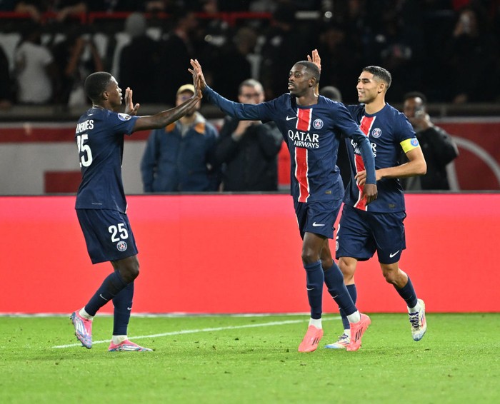 PARIS, FRANCE -SEPTEMBER 14: Ousmane Dembele (C) of Paris Saint - Germain celebrates after a score during the French Ligue 1 (L1) soccer match between Paris Saint-Germain (PSG) and Brest at Parc des Princes stadium in Paris, France on September 14, 2024. (Photo by Mustafa Yalcin/Anadolu via Getty Images)