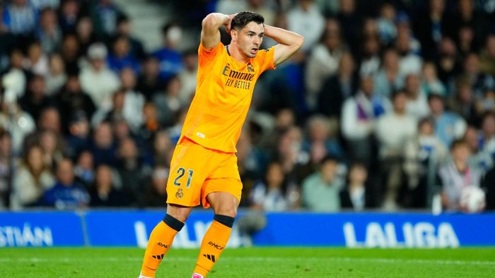 Brahim Diaz attacking midfield of Real Madrid and Spain reacts during the La Liga match between Real Sociedad de Fútbol and Real Madrid CF at Reale Arena on September 15, 2024 in San Sebastian, Spain.  (Photo by Jose Breton/Pics Action/NurPhoto via Getty Images)