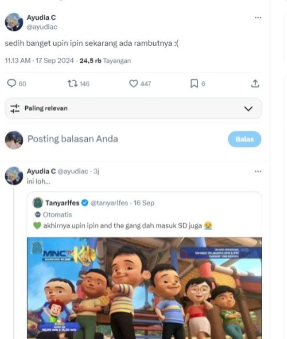Ayudia Bing Slamet sedih soal Upin dan Ipin