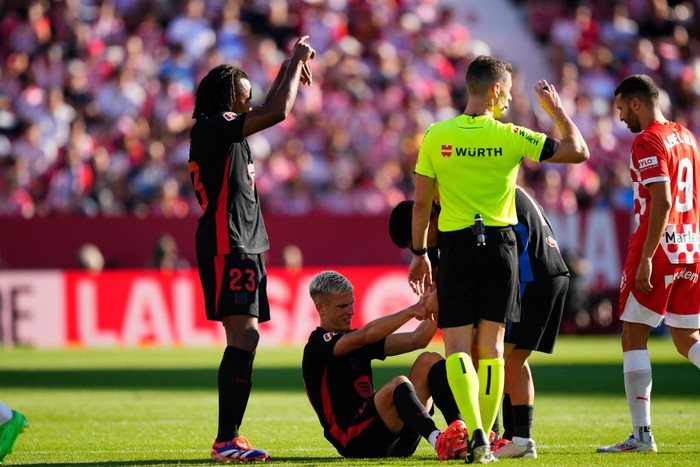 Dani Olmo Dani Olmo attacking midfield of Barcelona and Spain lies injured on the pitch during the LaLiga match between Girona FC and FC Barcelona at Montilivi Stadium on September 15, 2024 in Girona, Spain. (Photo by Jose Breton/Pics Action/NurPhoto via Getty Images)