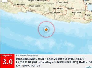 Gempa M 3 Terjadi di Perairan Gunungkidul Siang Ini