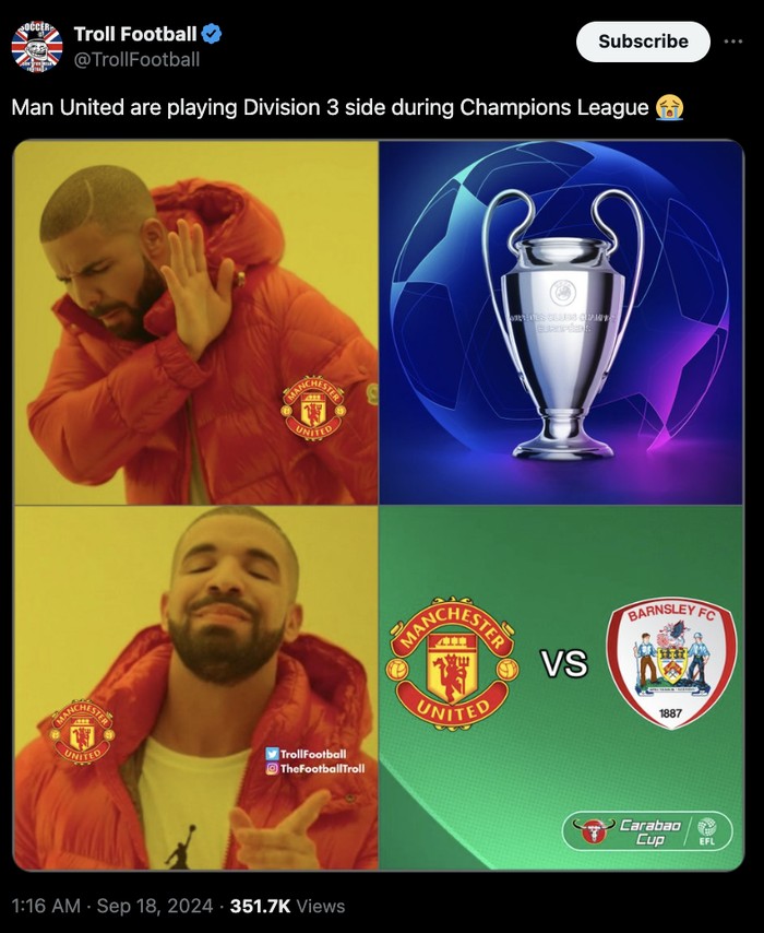 Meme MU Pesta Gol di Carabao Cup Saat yang Lain Main di Liga Champions