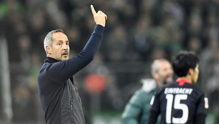 FILE - Then Frankfurts manager Adi Hutter gestures during the German Bundesliga soccer match between Borussia Moenchenglabach and Eintracht Frankfurt in Moenchengladbach, Germany, Sunday Oct. 27, 2019. French club Monaco has hired Adi Hütter as its new coach on a two-year contract. Hütter replaces Belgian coach Philippe Clement, who was fired last month after the club finished a disappointing sixth in the French league last season. (AP Photo/Martin Meissner, File)