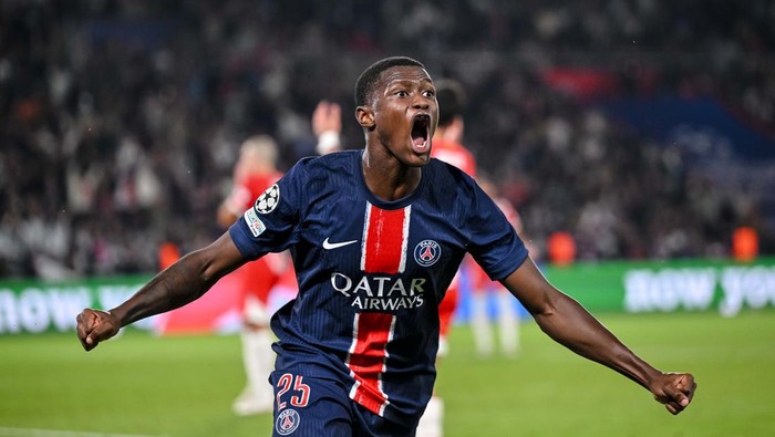 Paris, France - September 18: Nuno Mendes of Paris Saint-Germain celebrates after scoring his teams first goal during the UEFA Champions League 2024/25 League Phase MD1 match between Paris Saint-Germain and Girona FC at Parc des Princes on September 18, 2024 in Paris, France. (Photo by Harry Langer/DeFodi Images via Getty Images)