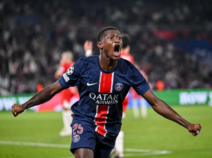 Paris, France - September 18: Nuno Mendes of Paris Saint-Germain celebrates after scoring his team's first goal during the UEFA Champions League 2024/25 League Phase MD1 match between Paris Saint-Germain and Girona FC at Parc des Princes on September 18, 2024 in Paris, France. (Photo by Harry Langer/DeFodi Images via Getty Images)