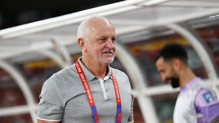 JAKARTA, INDONESIA - SEPTEMBER 10: Head Coach Graham James Arnold of Australia looks on during the FIFA World Cup Asian 3rd Qualifier Group C match between Indonesia and Australia at Gelora Bung Karno Stadium on September 10, 2024 in Jakarta, Indonesia. (Photo by Robertus Pudyanto/Getty Images)