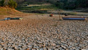 Musim Kemarau Bikin Waduk Bendo di Ponorogo Mengering