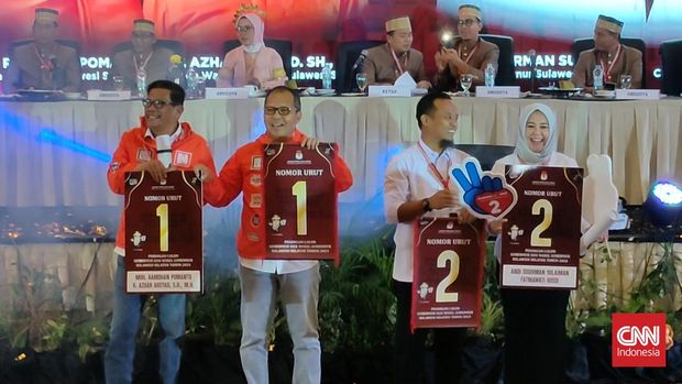 Dua pasangan calon Gubernur dan Wakil Gubernur Sulawesi Selatan telah mencabut nomor urut yang diselenggarakan Komisi Pemilihan Umum (KPU) sebagai tahapan di Pilkada serentak nantinya.Pasangan Gubernur dan Wakil Gubernur Sulsel, Moh Ramdhan Pomanto-Azhar Arsyad mendapatkan nomor urut 01, sementara Andi Sudirman Sulaiman-Fatmawati Rusdi mendapatkan nomor urut 02.