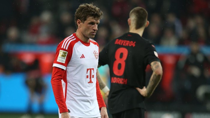LEVERKUSEN, GERMANY - 2024/02/10: Thomas Mueller of Bayern Munich seen in action during the Bundesliga match between Leverkusen and Bayern Munich at BayArena Stadion. (Final score; Bayer Leverkusen 3:0 Bayern Munich). (Photo by Osama Faisal/SOPA Images/LightRocket via Getty Images)