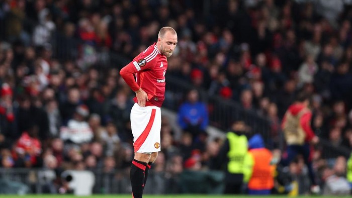  A dejected Christian Eriksen of Manchester United after conceding the equaliser to make it 1-1 during the UEFA Europa League 2024/25 League Phase MD1 match between Manchester United and FC Twente at Old Trafford on September 25, 2024 in Manchester, England. (Photo by Robbie Jay Barratt - AMA/Getty Images)