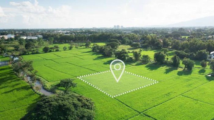 Ilustrasi sebidang tanah. Land plot in aerial view. Identify registration symbol of vacant area for map. Property or real estate for business of home, house or residential i.e. construction, development, sale, rent, buy, purchase, mortgage or investment.