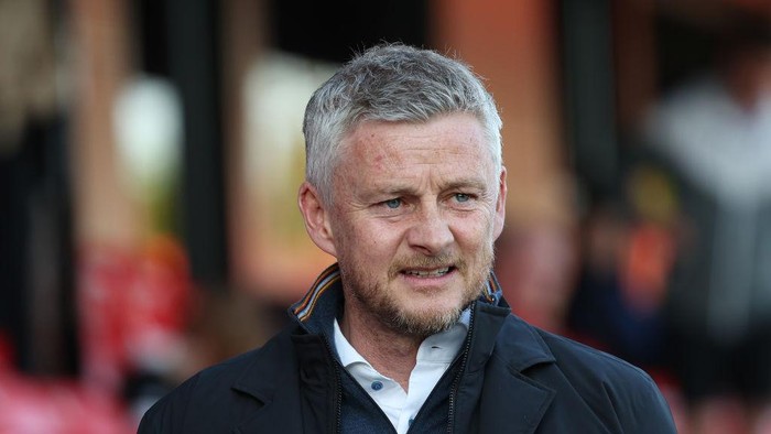 SALFORD, ENGLAND - MAY 13: Ole Gunnar Solskjaer looks on as they arrive at the stadium prior to the Sky Bet League Two Play-Off Semi-Final First Leg match between Salford City  and Stockport County at Peninsula Stadium on May 13, 2023 in Salford, England. (Photo by Matt McNulty/Getty Images)
