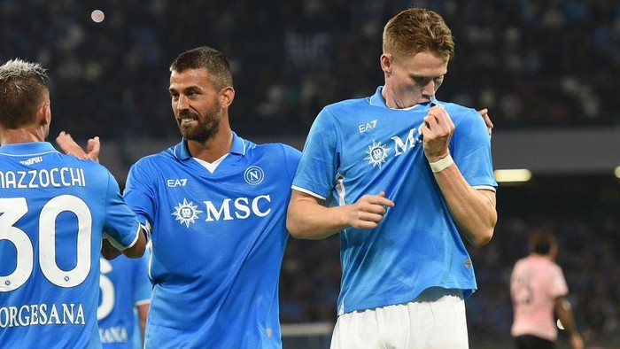 Scott McTominay of SSC Napoli celebrates after scoring during the Coppa Italia match between SSC Napoli and Palermo FC at Stadio Diego Armando Maradona Naples Italy on 26 September 2024. (Photo by Franco Romano/NurPhoto via Getty Images)