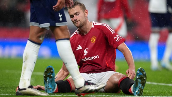 Manchester Uniteds Matthijs de Ligt reacts to a missed chance during the Premier League match at Old Trafford, Manchester. Picture date: Sunday September 29, 2024. (Photo by Martin Rickett/PA Images via Getty Images)