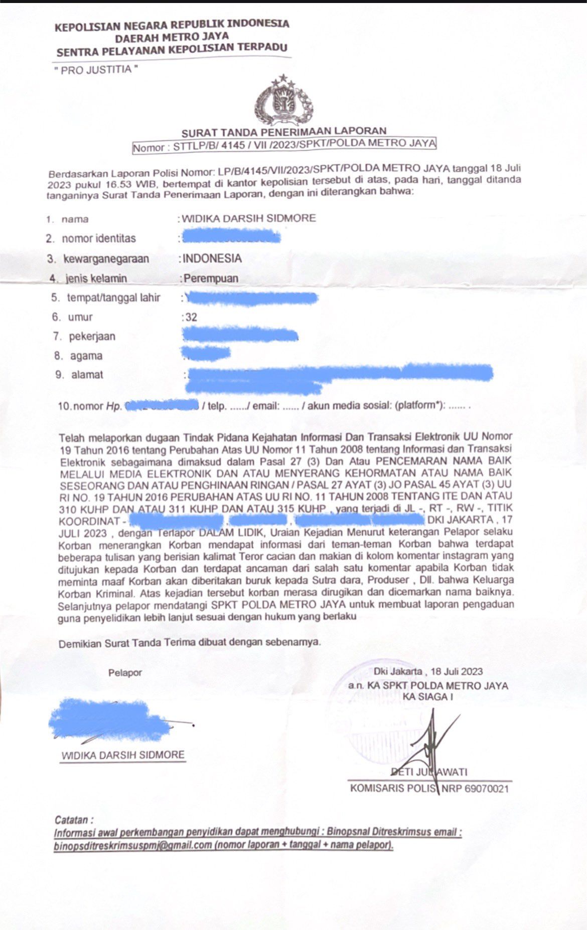 Aktris Widika kena teror stalker