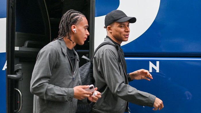 PARIS, FRANCE - APRIL 6: Ethan Mbappe of Paris Saint-Germain and Kylian Mbappe of Paris Saint-Germain prior to the Ligue 1 Uber Eats match between Paris Saint-Germain and Clermont Foot 63 at Parc des Princes on April 6, 2024 in Paris, France. (Photo by Matthieu Mirville/BSR Agency/Getty Images)