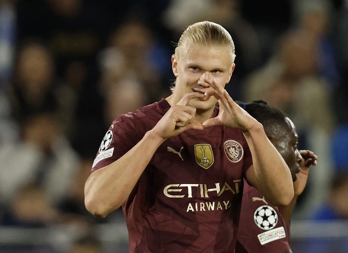 Erling Haaland Soccer Football - Champions League - Slovan Bratislava v Manchester City - Tehelne pole, Bratislava, Slovakia - October 1, 2024 Manchester City's Erling Haaland celebrates scoring their third goal REUTERS/David W Cerny