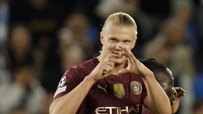 Soccer Football - Champions League - Slovan Bratislava v Manchester City - Tehelne pole, Bratislava, Slovakia - October 1, 2024  Manchester Citys Erling Haaland celebrates scoring their third goal REUTERS/David W Cerny