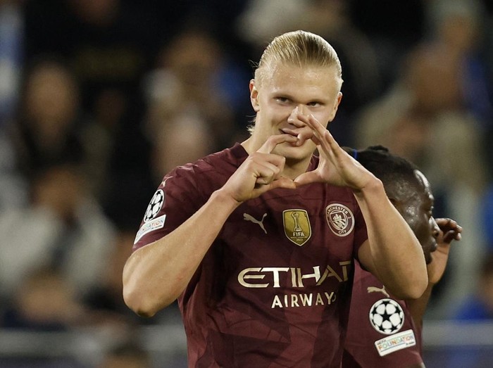 Soccer Football - Champions League - Slovan Bratislava v Manchester City - Tehelne pole, Bratislava, Slovakia - October 1, 2024  Manchester City's Erling Haaland celebrates scoring their third goal REUTERS/David W Cerny