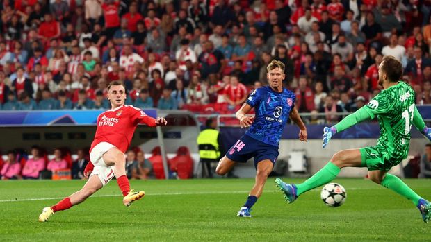 Soccer Football - Champions League - Benfica v Atletico Madrid - Estadio da Luz, Lisbon, Portugal - October 2, 2024 Benfica's Orkun Kokcu scores their fourth goal from the penalty spot past Atletico Madrid's Jan Oblak REUTERS/Pedro Nunes