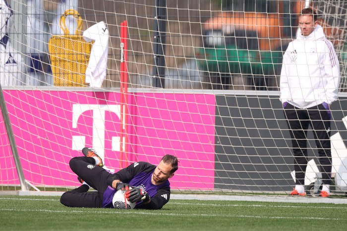 FRANKFURT AM MAIN, GERMANY - MARCH 21: Head coach Julian Nagelsmann watches Oliver Baumann during a training session of the German national soccer team at DFB-Campus on March 21, 2024 in Frankfurt am Main, Germany. (Photo by Alex Grimm/Getty Images)