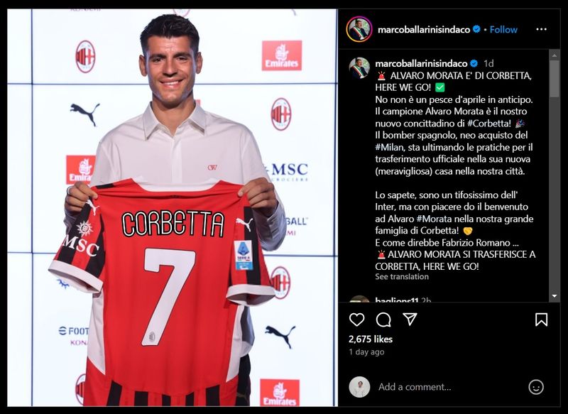 Unggahan Instagram Walikota Corbetta Marco Ballarini