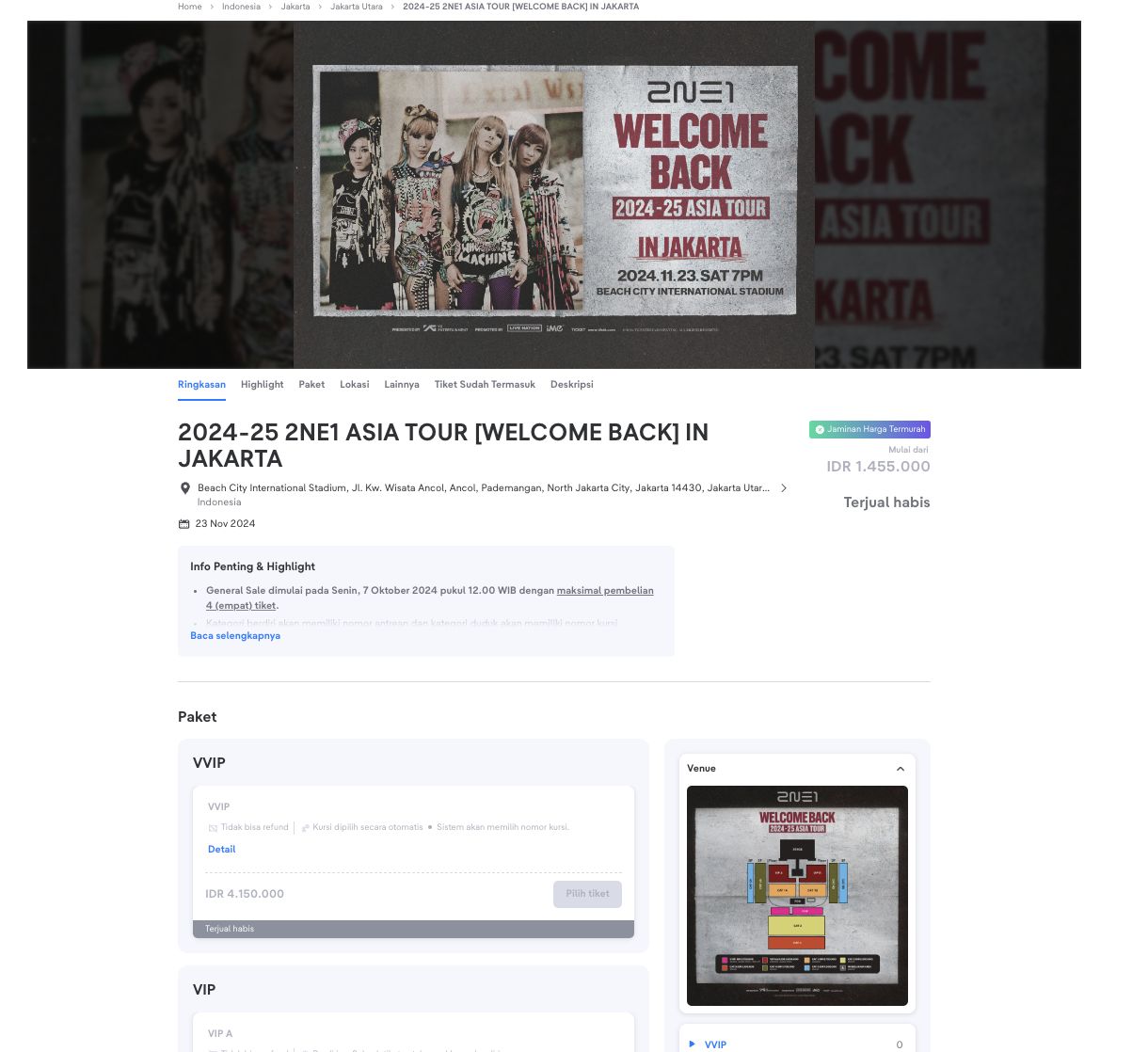 Tiket konser comeback 2NE1 di Jakarta sold out setelah general sale dilakukan pada Senin (7/10). Konser ini rencananya akan digelar di Beach City International Stadium Ancol Jakarta pada 23 November 2024.