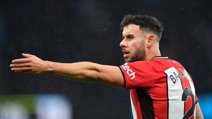 MANCHESTER, ENGLAND - DECEMBER 30:  Sheffield Uniteds George Baldock during the Premier League match between Manchester City and Sheffield United at Etihad Stadium on December 30, 2023 in Manchester, England. (Photo by Dave Howarth - CameraSport via Getty Images)