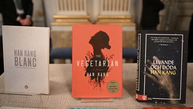 Book of South Korean author Han Kang are on display after she was announced as the laureate of the 2024 Nobel Prize in Literature at the Swedish Academy in Stockholm, Sweden on October 10, 2024. The Nobel Prize in Literature was awarded to South Korean author Han Kang, whose work confronts historical traumas and exposes the fragility of human life. She was honoured 