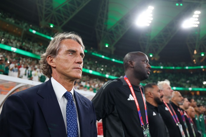 JEDDAH, SAUDI ARABIA - OCTOBER 10: Roberto Mancini, coach of Saudi Arabia, looks on during the FIFA World Cup Asian 3rd Qualifier Group C match between Saudi Arabia and Japan at King Abduallah Sport City Stadium on October 10, 2024 in Jeddah, Saudi Arabia. (Photo by Yasser Bakhsh/Getty Images)