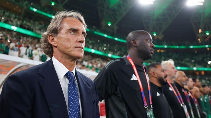 JEDDAH, SAUDI ARABIA - OCTOBER 10: Roberto Mancini, coach of Saudi Arabia, looks on during the FIFA World Cup Asian 3rd Qualifier Group C match between Saudi Arabia and Japan at King Abduallah Sport City Stadium on October 10, 2024 in Jeddah, Saudi Arabia. (Photo by Yasser Bakhsh/Getty Images)