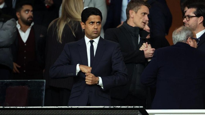 LONDON, ENGLAND - OCTOBER 01: President of Paris Saint-Germain, Nasser Al-Khelaifi reacts during the UEFA Champions League 2024/25 League Phase MD2 match between Arsenal FC and Paris Saint-Germain at Emirates Stadium on October 01, 2024 in London, England. (Photo by Xavier Laine/Getty Images)