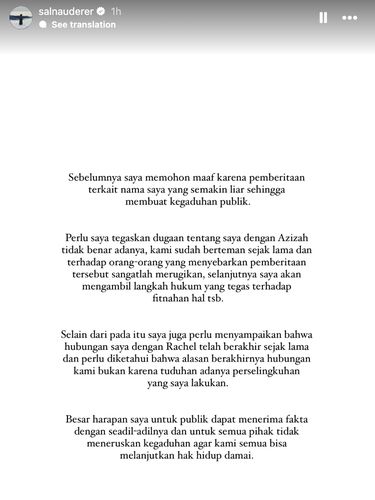 Salim Nauder Salim Nauderer mengklarifikasi kabar palsu soal hubungannya dengan Aziza Salsha.