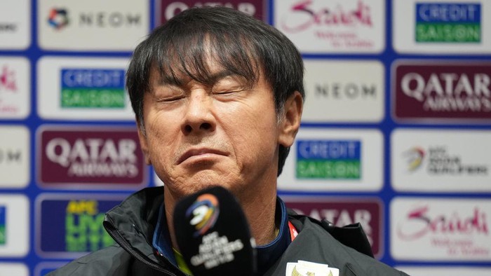 QINGDAO, CHINA - OCTOBER 14: Head coach Shin Tae-Yong of Indonesia attends a press conference before the FIFA World Cup Qualifier match between China and Indonesia at Qingdao Youth Football Stadium on October 14, 2024 in Qingdao, China.  (Photo by Fred Lee/Getty Images)