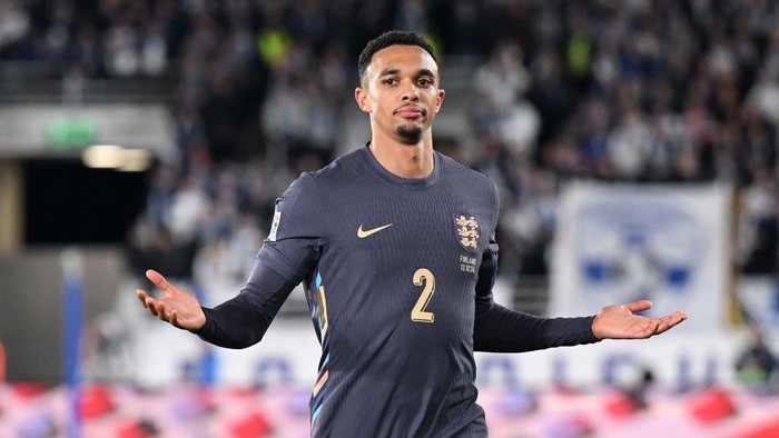 HELSINKI, FINLAND - OCTOBER 13: Trent Alexander-Arnold of England celebrates scoring his teams second goal during the UEFA Nations League 2024/25 League B Group B2 match between Finland and England at Helsinki Olympic Stadium on October 13, 2024 in Helsinki, Finland. (Photo by Michael Regan - The FA/The FA via Getty Images)