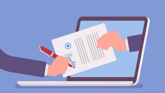 Electronic signature on laptop. Business Esignature technology, digital form attached to electronically transmitted document, verification of intent to sign agreement, legal deal. Vector illustration