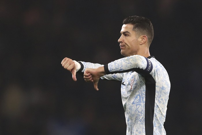 Portugals Cristiano Ronaldo reacts during the UEFA Nations League soccer match between Scotland and Portugal at Hampden Park in Glasgow, Scotland, Tuesday, Oct. 15, 2024. (AP Photo/Scott Heppell)