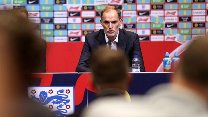LONDON, ENGLAND - OCTOBER 16: Thomas Tuchel, Manager of England, speaks to the media during a press conference as he is announced as the new England manager at Wembley Stadium on October 16, 2024 in London, England. (Photo by Ryan Pierse/Getty Images)
