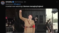 Meme ini menggambarkan Hitler selaku mantan pemimpin tertinggi Jerman gembira lihat Tuchel bisa melatih Timnas Inggris. (Foto: Twitter)