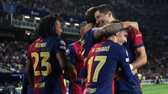 Inigo Martinez celebrates a goal during the match between FC Barcelona and BSC Young Boys in the week 2 of the League Stage of the UEFA Champions League, at the Lluis Companys Stadium, in Barcelona, Spain, on October 1, 2024. (Photo by Joan Valls/Urbanandsport /NurPhoto via Getty Images)