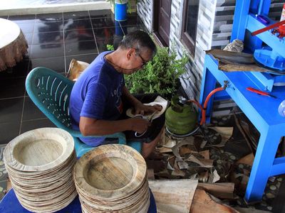 Pelepah Pinang Disulap Jadi Kerajinan Piring di Dumai