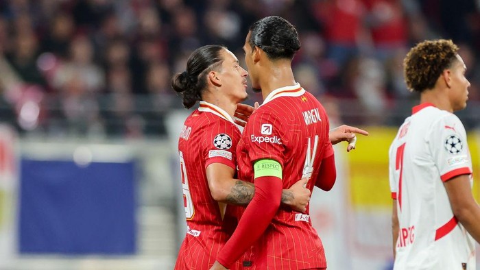 Leipzig, Germany - October 23: Darwin Nunez of Liverpool FC celebrates after scoring his teams first goal with Virgil van Dijk of Liverpool FC during the UEFA Champions League 2024/25 League Phase MD3 match between RB Leipzig and Liverpool FC at Red Bull Arena (Leipzig) on October 23, 2024 in Leipzig, Germany. (Photo by Marco Steinbrenner/DeFodi Images via Getty Images)