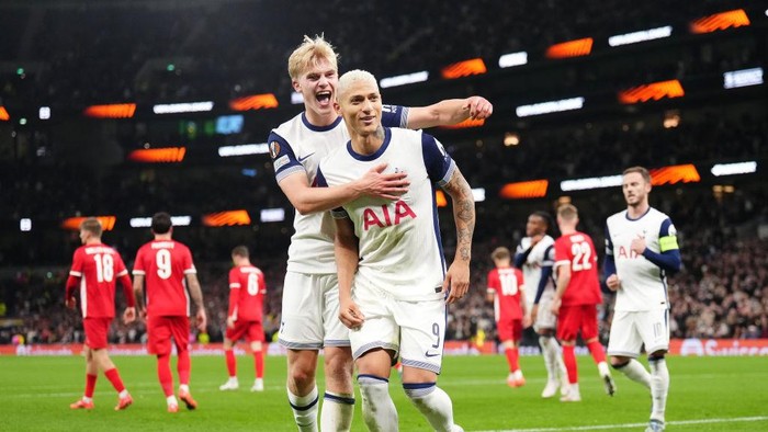 Tottenham Hotspurs Richarlison (centre right) celebrates scoring their sides first goal of the game from a penalty during the UEFA Europa League group stage match at the Tottenham Hotspur Stadium, London. Picture date: Thursday October 24, 2024. (Photo by John Walton/PA Images via Getty Images)