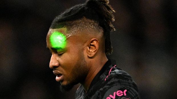 ATHENS, GREECE - OCTOBER 24: Christopher Nkunku of Chelsea looks on as laser is been pointed at his face, as he prepares to take a penalty during the UEFA Conference League 2024/25 League Phase MD2 match between Panathinaikos FC and Chelsea FC at Olympic Athletic Center of Athens Spyridon Louis or OAKA on October 24, 2024 in Athens, Greece. (Photo by Darren Walsh/Chelsea FC via Getty Images)