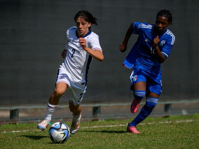 ROME, ITALY - AUGUST 29: Ibrahim Rabbaj of England U16 in action during the Friendly Match between Italy U16 and England U16 on August 29, 2024 in Rome, Italy. (Photo by Antonio Masiello - The FA/The FA via Getty Images)
