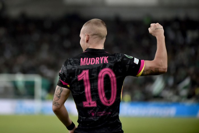 ATHENS, GREECE - OCTOBER 24:  Mykhailo Mudryk of Chelsea celebrates a goal during the UEFA Conference League 2024/25 League Phase MD2 match between Panathinaikos FC and Chelsea FC at Olympic Athletic Center of Athens Spyridon Louis or OAKA on October 24, 2024 in Athens, Greece. (Photo by Milos Bicanski/Getty Images)