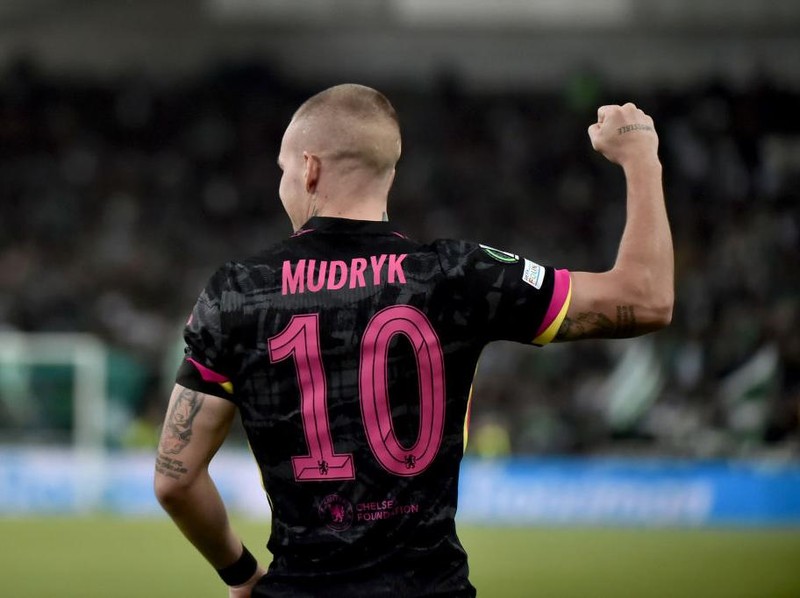 ATHENS, GREECE - OCTOBER 24:  Mykhailo Mudryk of Chelsea celebrates a goal during the UEFA Conference League 2024/25 League Phase MD2 match between Panathinaikos FC and Chelsea FC at Olympic Athletic Center of Athens Spyridon Louis or OAKA on October 24, 2024 in Athens, Greece. (Photo by Milos Bicanski/Getty Images)